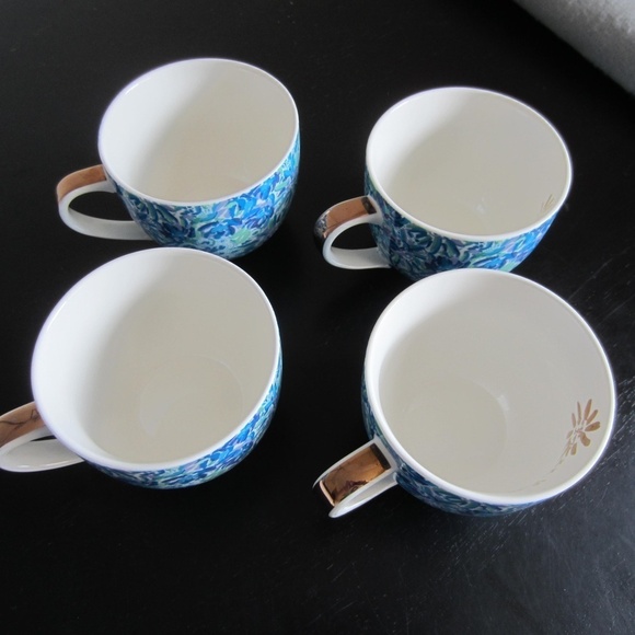 Lilly Pulitzer Tea Cups set of 4 Bule Floral Ceramic golden Handles Ssummer, - Picture 2 of 8